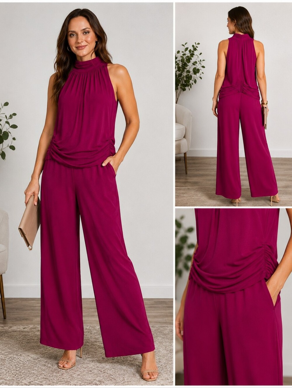 Eliza J Magenta Halter Wide Leg Jumpsuit NWT Size 12 Quiet Luxury Barbiecore
